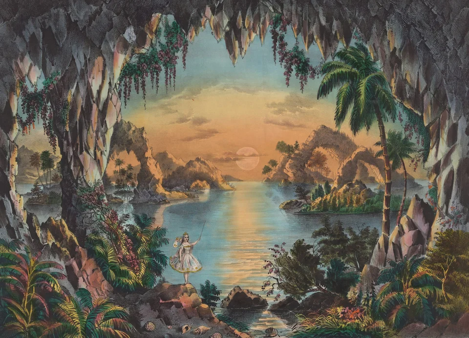 A luminous painting of a tropical paradise at dusk