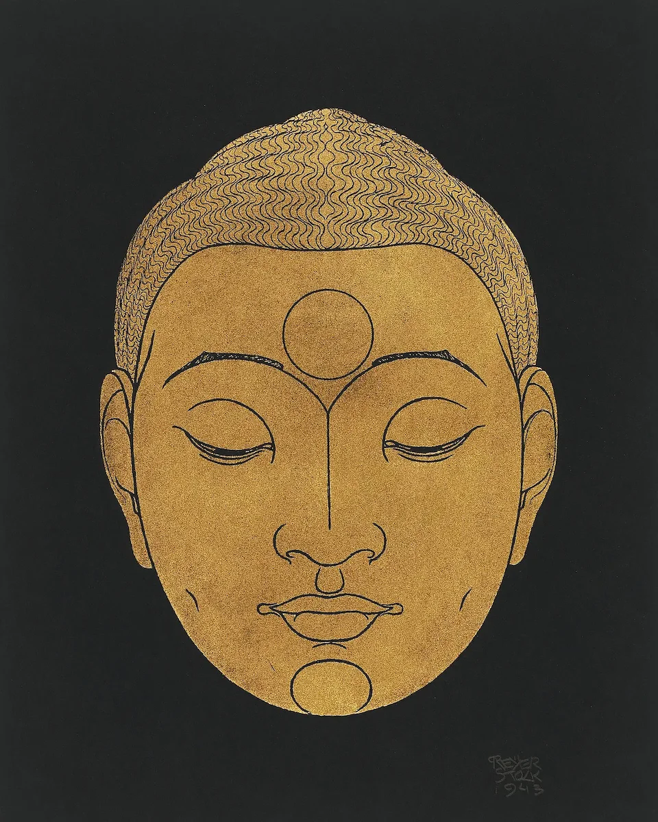 A gold-painted face of the Buddha with closed eyes on a black background